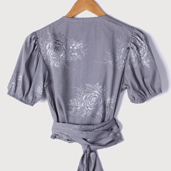 Lulus Dusty Blue Satin Puff Sleeve Tie-Top - Picture 4 of 4
